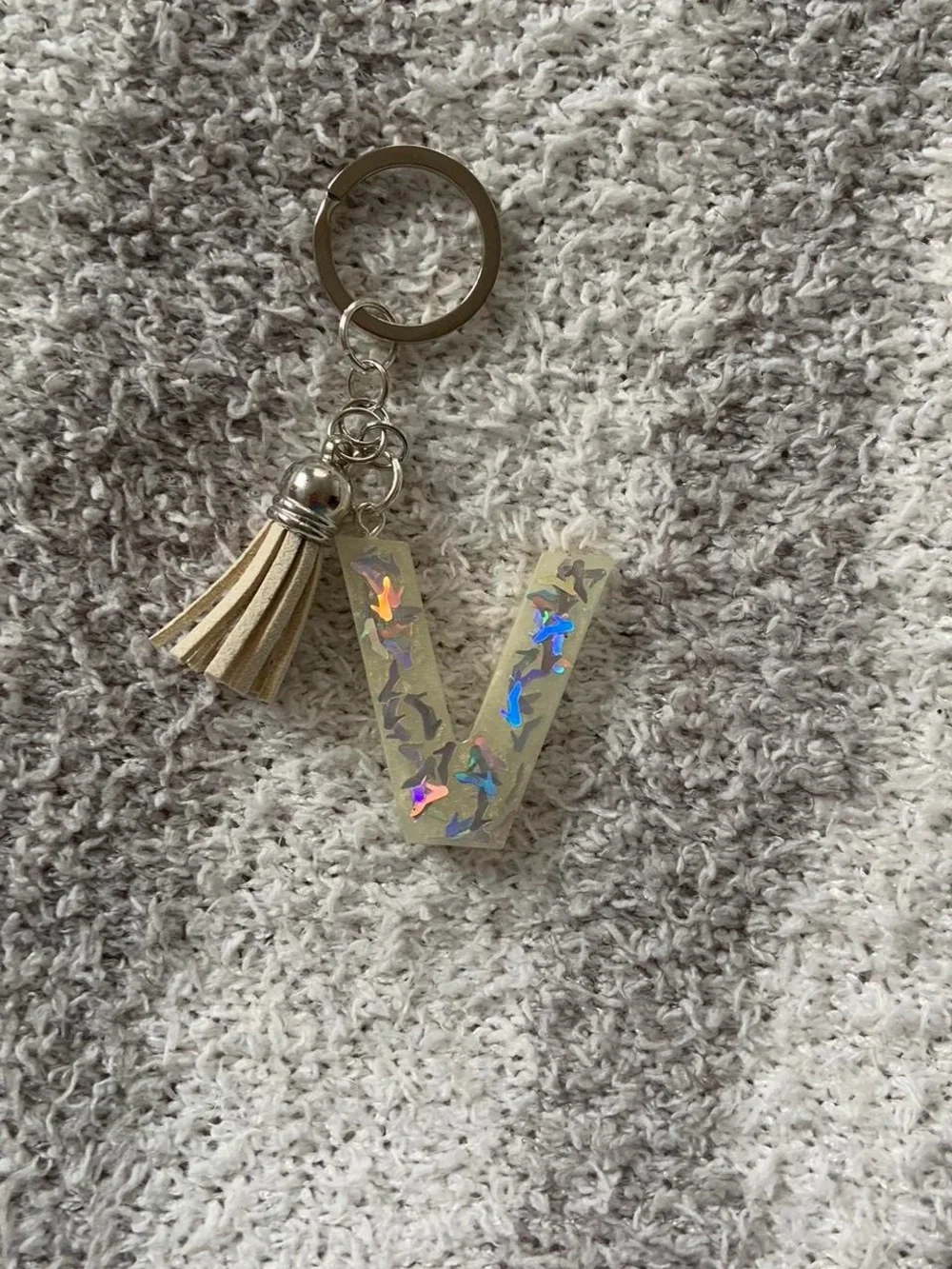Personalized Glitter 'V' Keychain with Tassel
